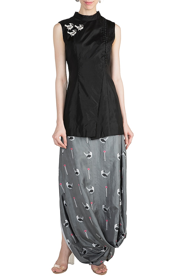 Black Embroidered Kedia Jacket With Printed Drape Skirt by Arya by SVA at Pernia's Pop Up Shop