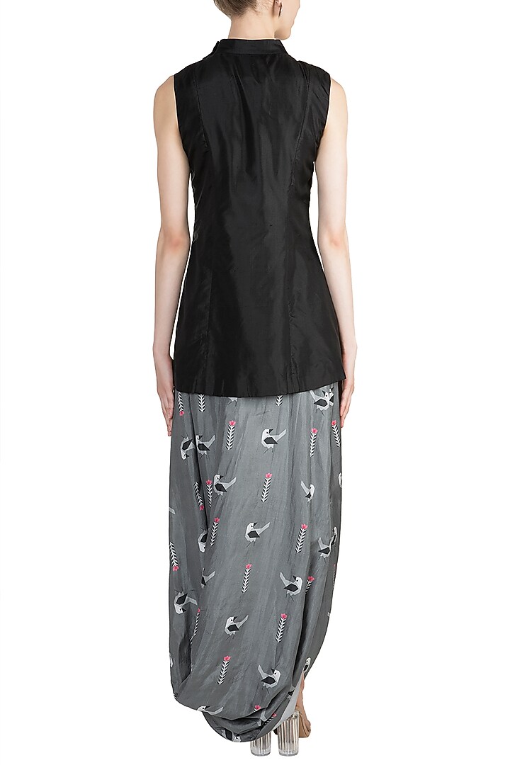Black Embroidered Kedia Jacket With Printed Drape Skirt by Arya by SVA at Pernia's Pop Up Shop