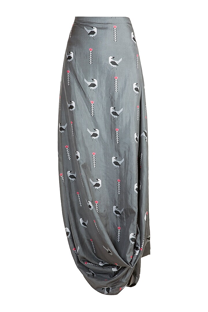 Black Embroidered Kedia Jacket With Printed Drape Skirt by Arya by SVA at Pernia's Pop Up Shop