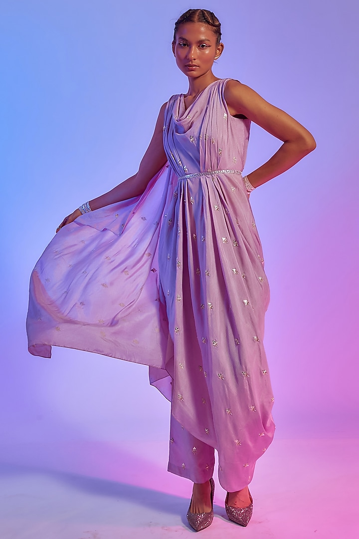 Lilac Silk Pant Set With Drape by SVA BY SONAM & PARAS MODI