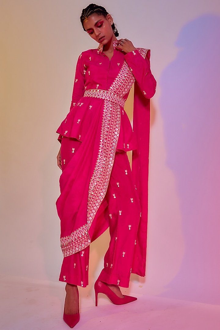 Hot Pink Silk Pant Saree Set by Sva By Sonam & Paras Modi