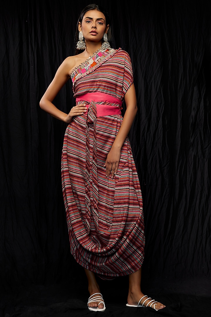 Multi-Colored Shimmer Crepe Printed Cowl Dress by SVA BY SONAM & PARAS MODI