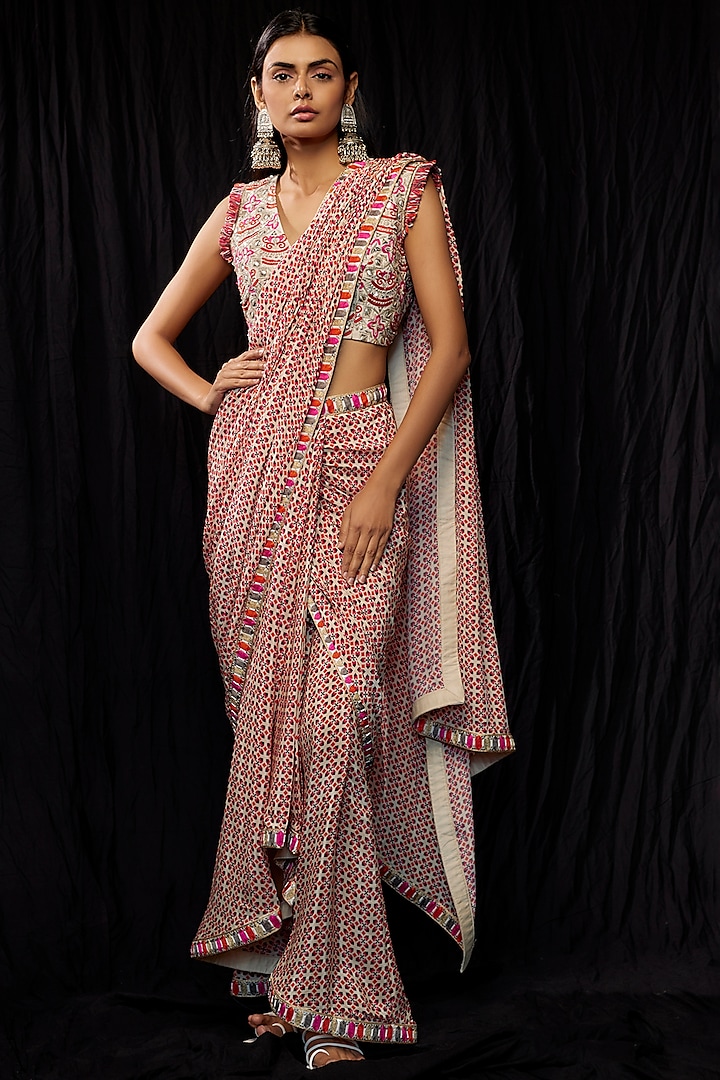 Pink Crepe Printed Pre-Stitched Saree Set by SVA BY SONAM & PARAS MODI