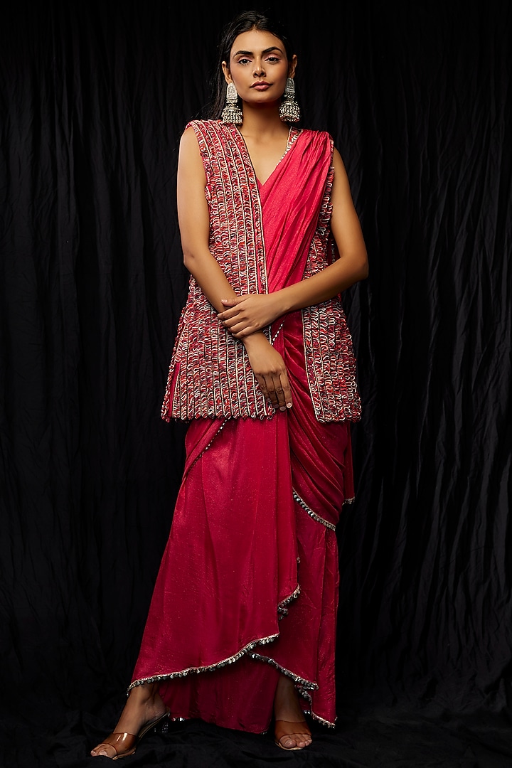 Pink Shimmer Crepe Jacket Saree Set by SVA BY SONAM & PARAS MODI