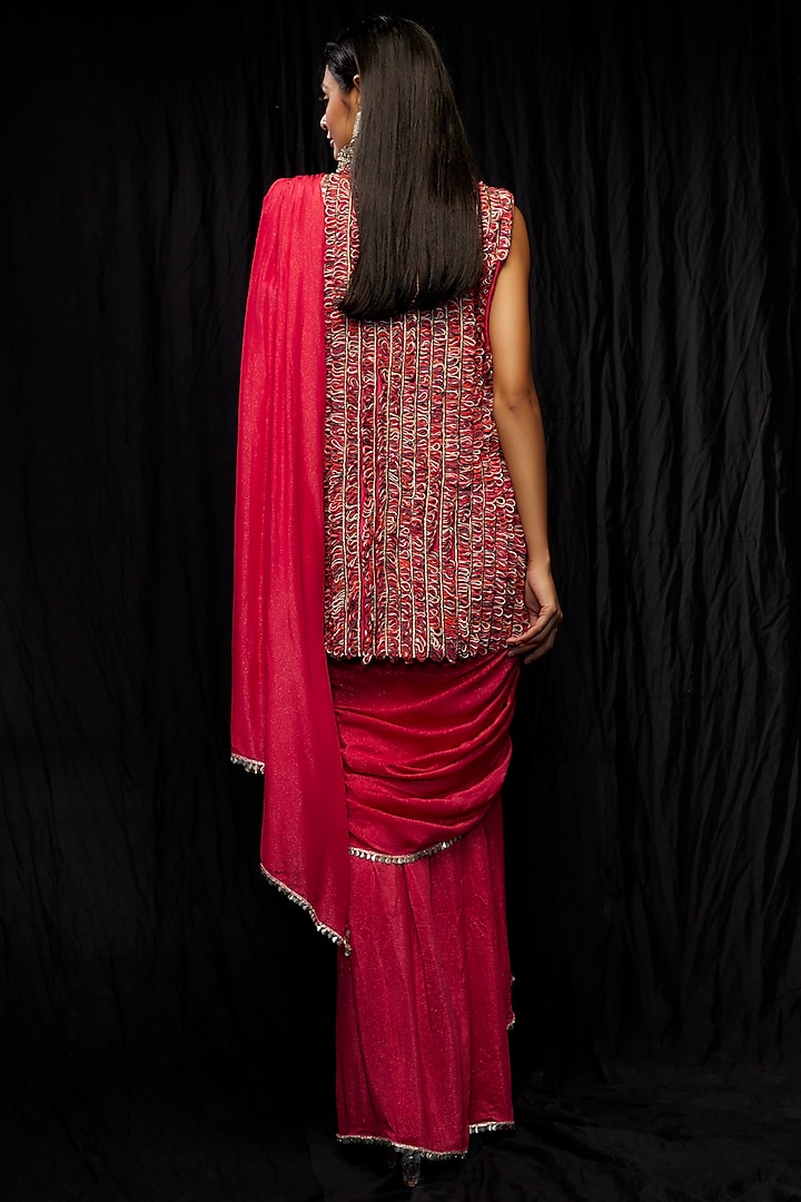 Pink Shimmer Crepe Jacket Wedding Saree Set by SVA BY SONAM & PARAS MODI at Pernia's Pop Up Shop