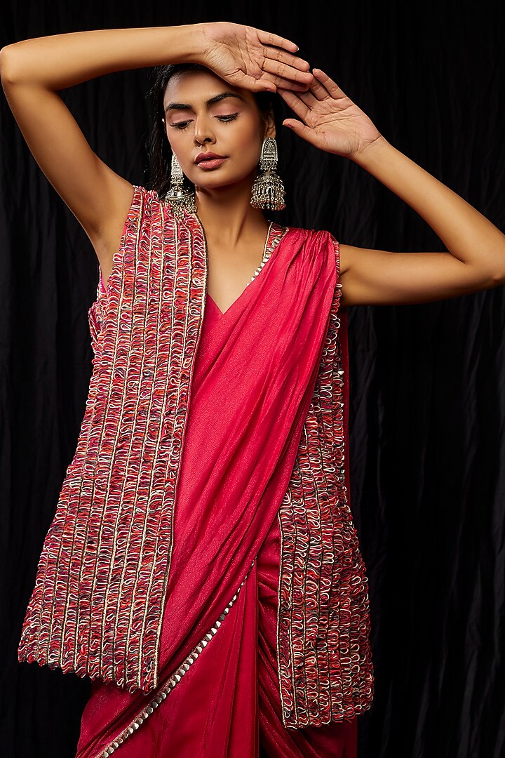 Pink Shimmer Crepe Jacket Wedding Saree Set by SVA BY SONAM & PARAS MODI at Pernia's Pop Up Shop