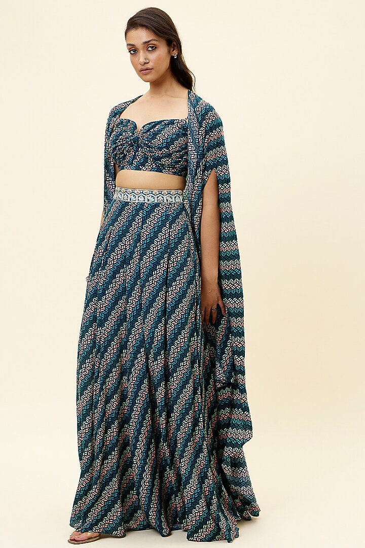 Blue Crepe Printed Cape Set by SVA BY SONAM & PARAS MODI at Pernia's Pop Up Shop