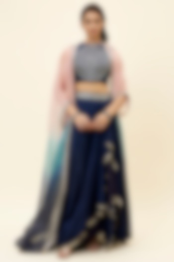 Blue Crepe Draped Skirt Set by Sva By Sonam & Paras Modi