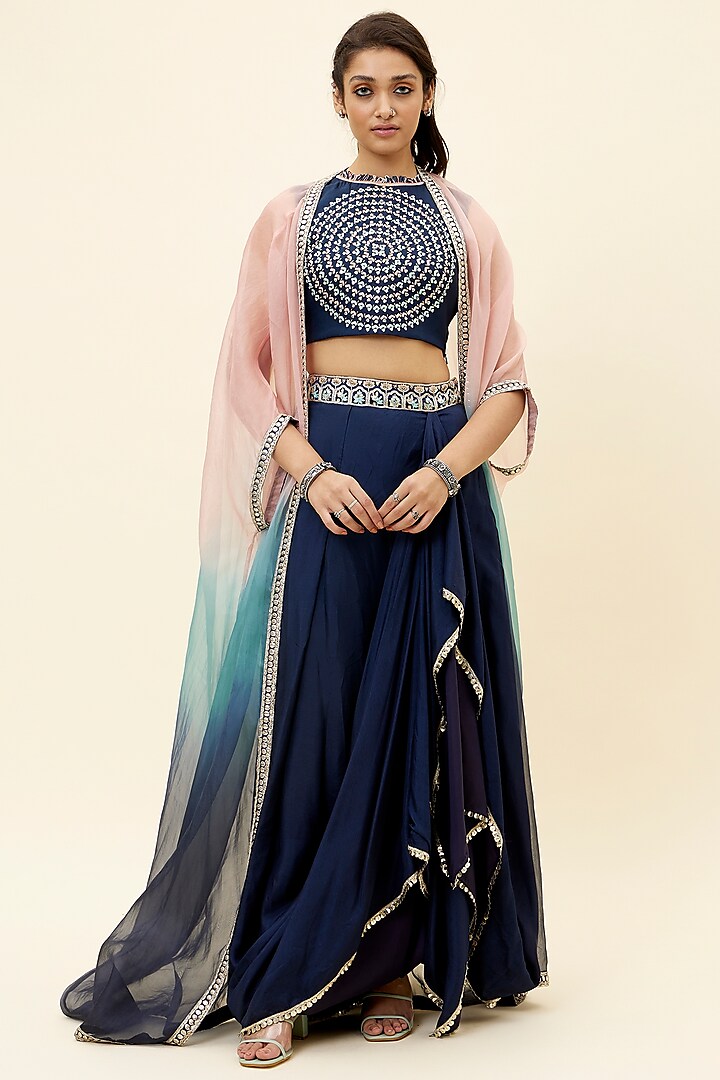 Blue Crepe Draped Skirt Set by Sva By Sonam & Paras Modi