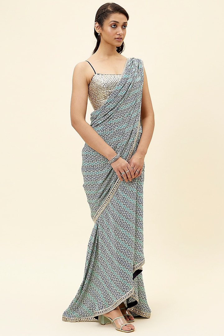 Powder Blue Crepe Printed Pre- Stitched Saree Set by Sva By Sonam & Paras Modi