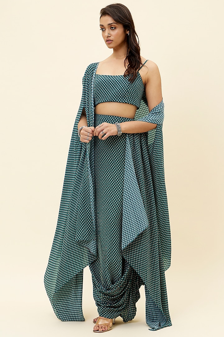 Teal Green Crepe Printed Draped Skirt Set by Sva By Sonam & Paras Modi