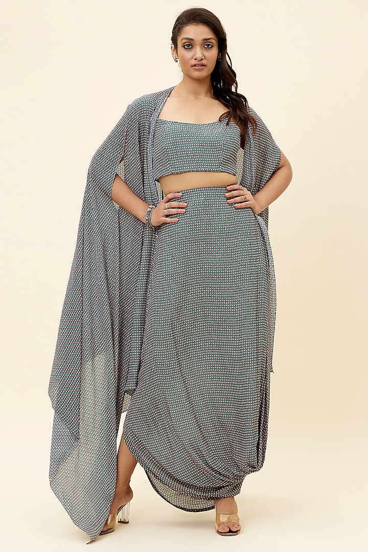 Grey Crepe Printed Draped Skirt Set by Sva By Sonam & Paras Modi