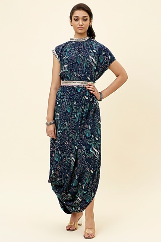 Blue Crepe Printed Dress With Belt by SVA BY SONAM & PARAS MODI