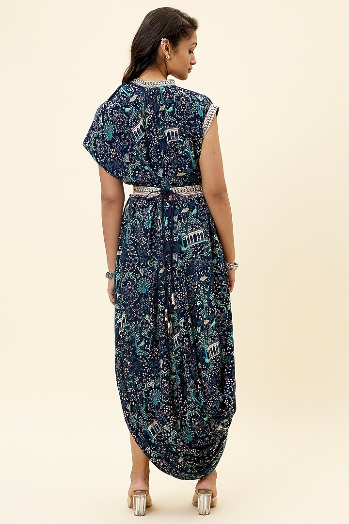 Blue Crepe Printed Vacation Dress With Belt by SVA BY SONAM & PARAS MODI at Pernia's Pop Up Shop