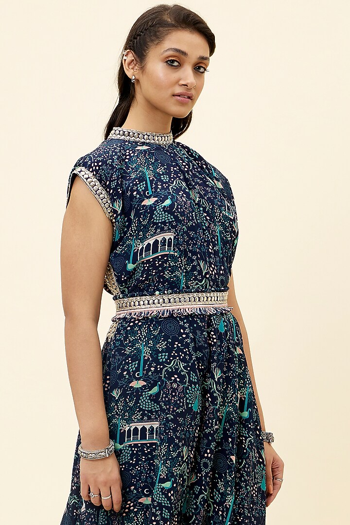 Blue Crepe Printed Vacation Dress With Belt by SVA BY SONAM & PARAS MODI at Pernia's Pop Up Shop