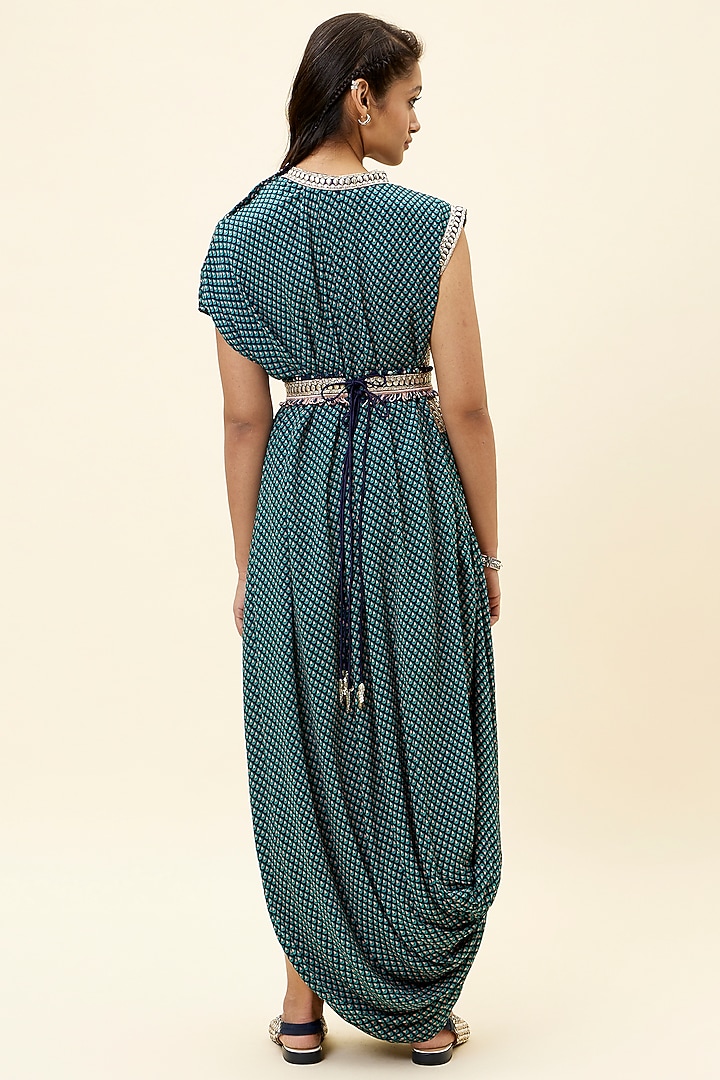 Teal Green Crepe Printed Vacation Dress With Belt by SVA BY SONAM & PARAS MODI at Pernia's Pop Up Shop