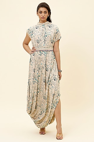 Beige Crepe Printed Dress With Belt by SVA BY SONAM & PARAS MODI