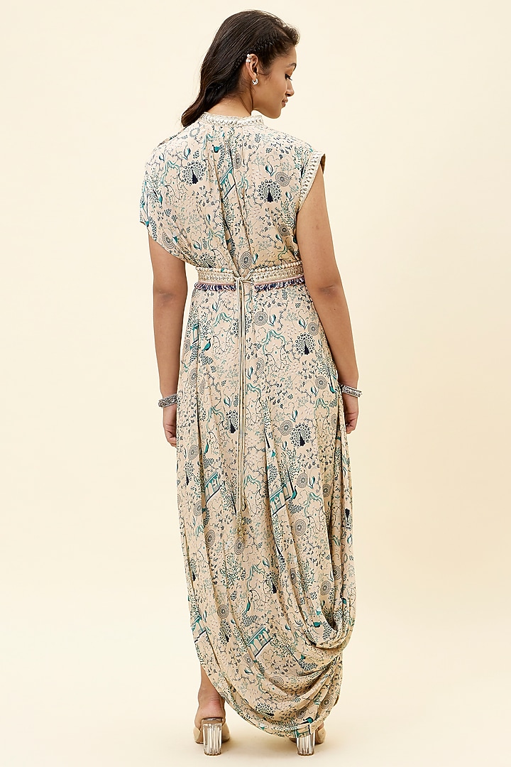 Beige Crepe Printed Vacation Dress With Belt by SVA BY SONAM & PARAS MODI at Pernia's Pop Up Shop