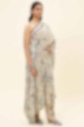 Beige Crepe Printed Pant Party Wear Saree Set by SVA BY SONAM & PARAS MODI at Pernia's Pop Up Shop