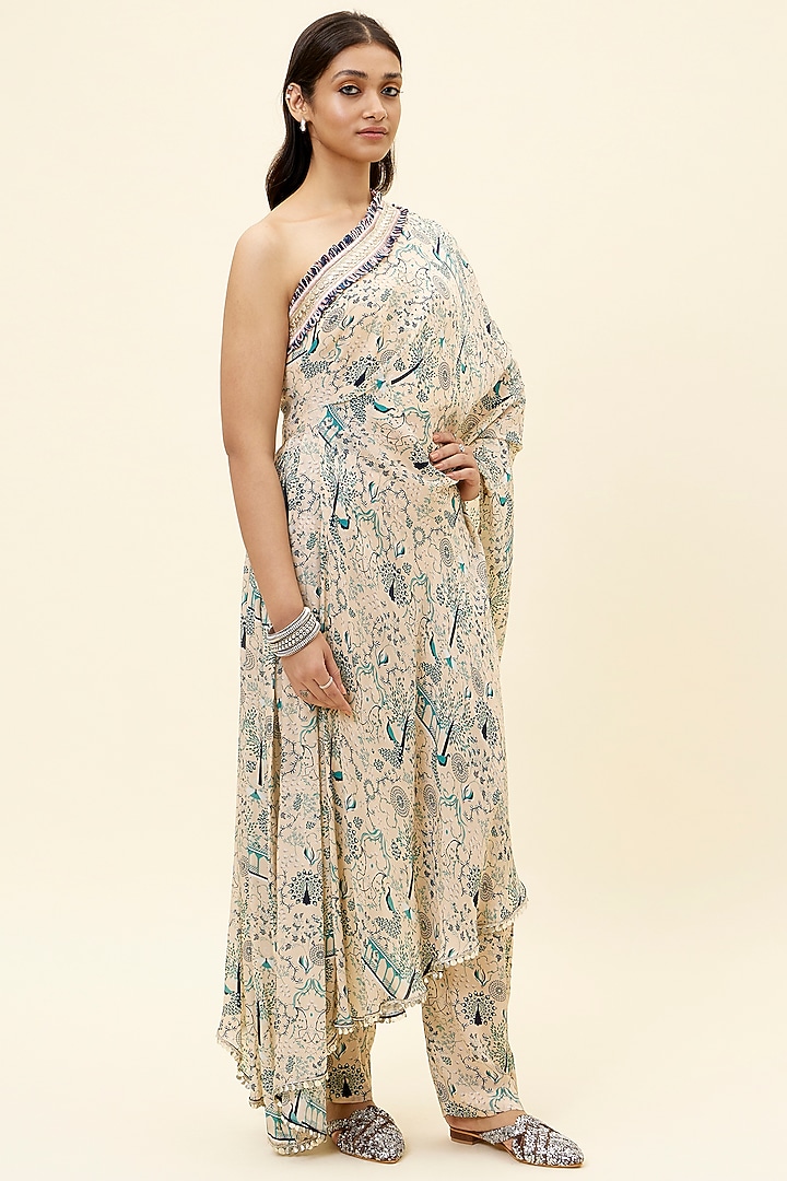 Beige Crepe Printed Pant Party Wear Saree Set by SVA BY SONAM & PARAS MODI at Pernia's Pop Up Shop
