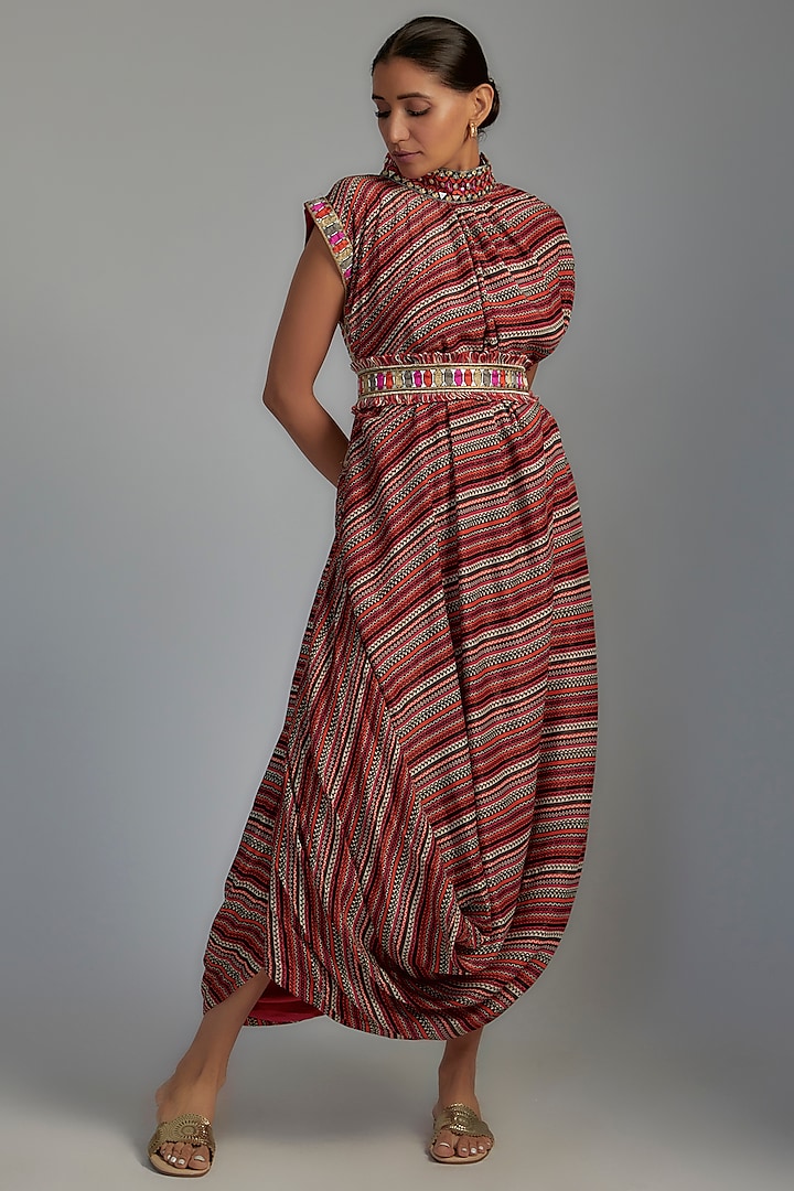Multi-Colored Shimmer Crepe Printed Draped Dress With Belt by SVA BY SONAM & PARAS MODI