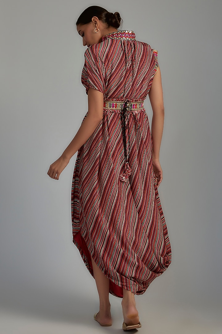 Multi-Colored Shimmer Crepe Printed Draped Vacation Dress With Belt by SVA BY SONAM & PARAS MODI at Pernia's Pop Up Shop