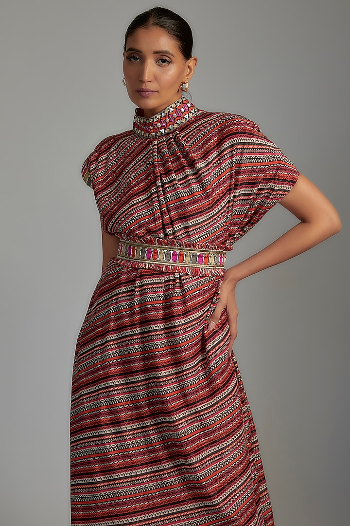 Multi-Colored Shimmer Crepe Printed Draped Vacation Dress With Belt by SVA BY SONAM & PARAS MODI at Pernia's Pop Up Shop