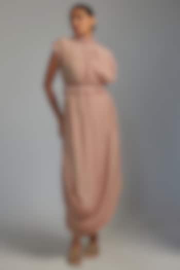 Ivory Crepe Printed Draped Dress With Belt by SVA BY SONAM & PARAS MODI