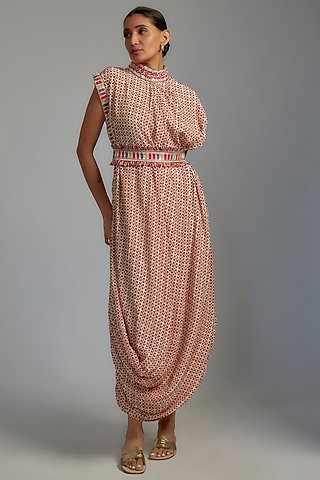 Ivory Crepe Printed Draped Dress With Belt by SVA BY SONAM & PARAS MODI