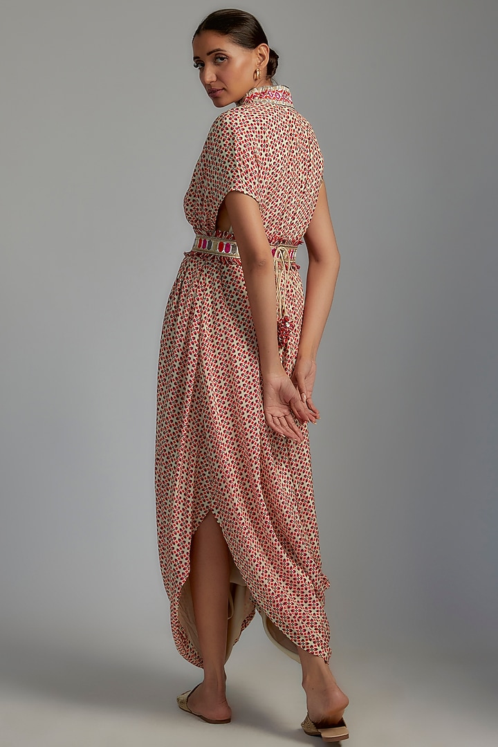 Ivory Crepe Printed Draped Vacation Dress With Belt by SVA BY SONAM & PARAS MODI at Pernia's Pop Up Shop