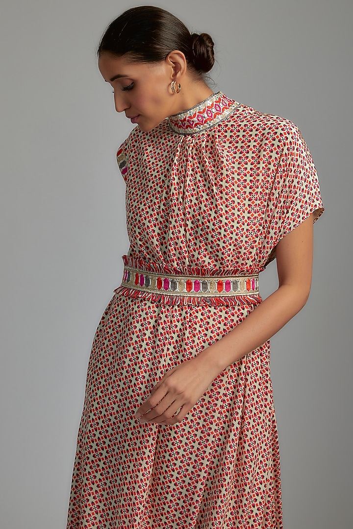 Ivory Crepe Printed Draped Vacation Dress With Belt by SVA BY SONAM & PARAS MODI at Pernia's Pop Up Shop