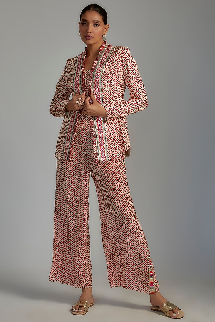 Ivory Crepe Printed Blazer Set by SVA BY SONAM & PARAS MODI at Pernia's Pop Up Shop