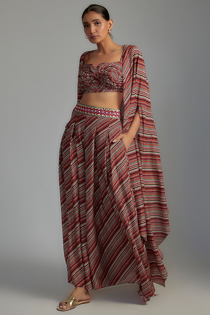 Multi-Colored Shimmer Crepe Printed Cape Set by SVA BY SONAM & PARAS MODI