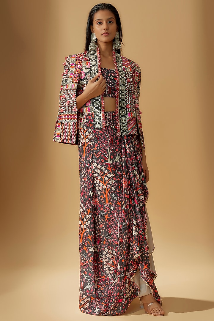 Multi-Colored Crepe Embroidered Jacket Set by Sva By Sonam & Paras Modi