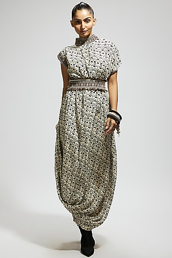 White Crepe Printed Cowl Draped Cocktail Dress With Belt by SVA BY SONAM & PARAS MODI at Pernia's Pop Up Shop
