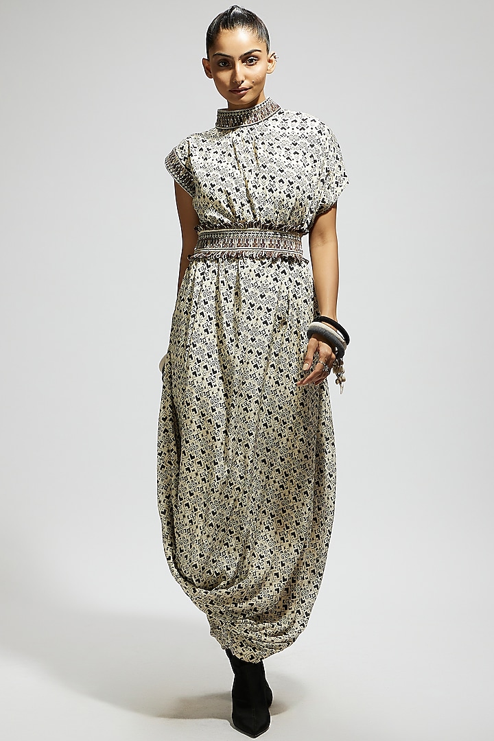 White Crepe Printed Cowl Draped Dress With Belt by Sva By Sonam & Paras Modi at Pernia's Pop Up Shop