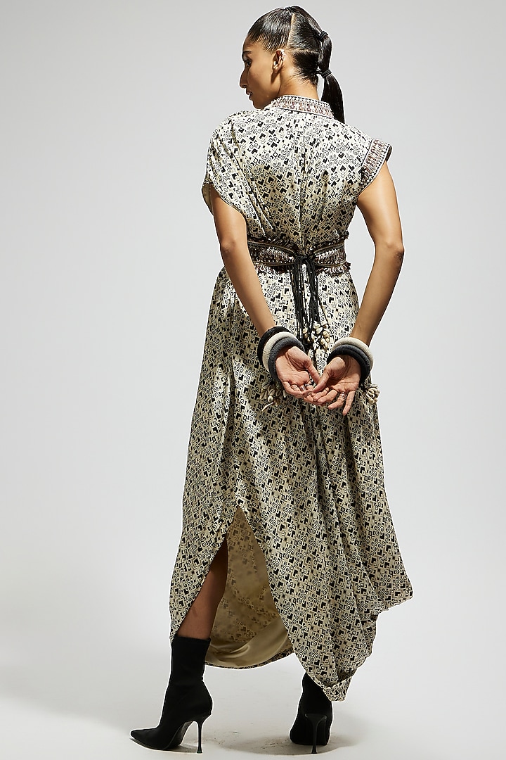 White Crepe Printed Cowl Draped Cocktail Dress With Belt by SVA BY SONAM & PARAS MODI at Pernia's Pop Up Shop