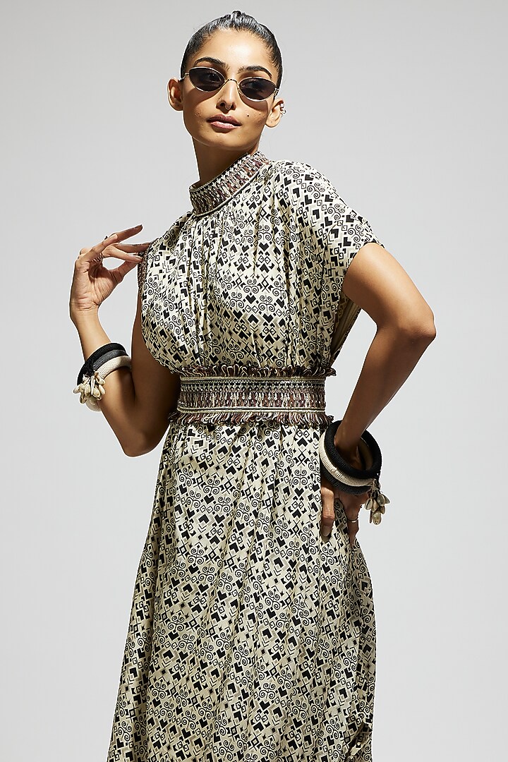 White Crepe Printed Cowl Draped Cocktail Dress With Belt by SVA BY SONAM & PARAS MODI at Pernia's Pop Up Shop