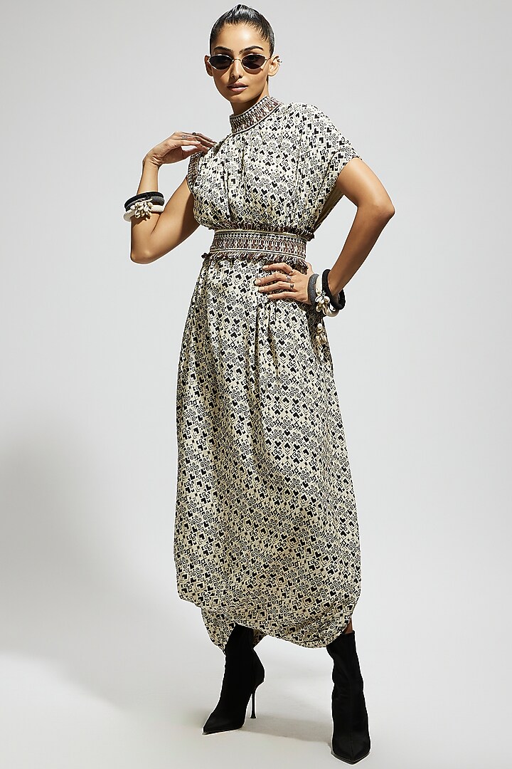White Crepe Printed Cowl Draped Cocktail Dress With Belt by SVA BY SONAM & PARAS MODI at Pernia's Pop Up Shop