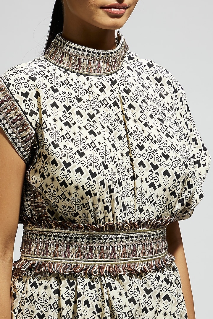 White Crepe Printed Cowl Draped Cocktail Dress With Belt by SVA BY SONAM & PARAS MODI at Pernia's Pop Up Shop