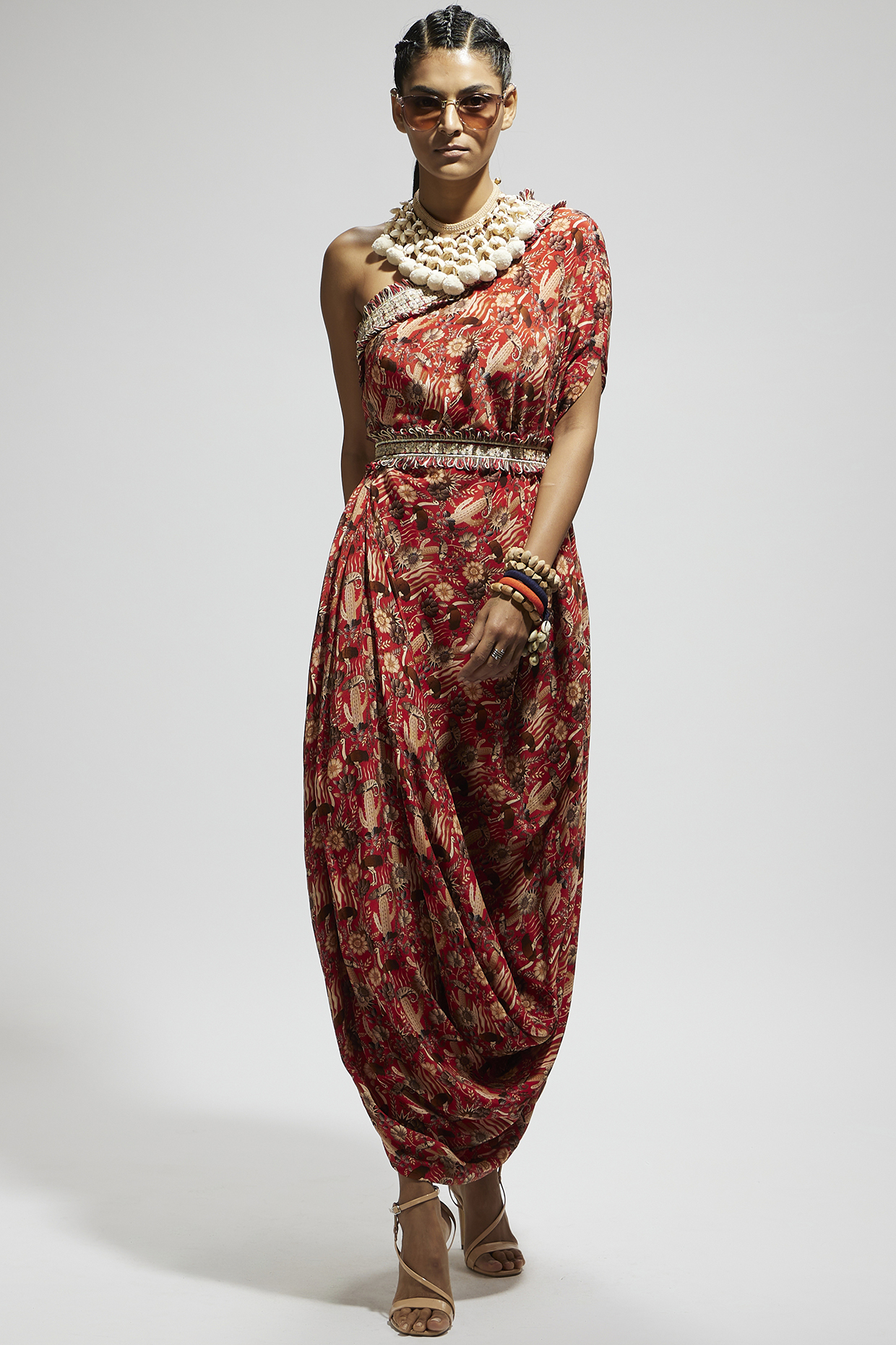 Orange Crepe Jaal Printed One Shoulder Cowl Draped Cocktail Dress With Belt by SVA BY SONAM & PARAS MODI at Pernia's Pop Up Shop