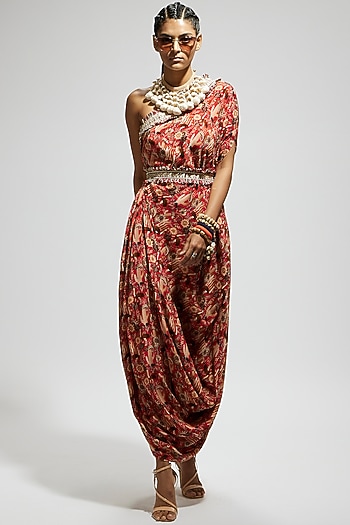 Orange Crepe Jaal Printed One Shoulder Cowl Draped Cocktail Dress With Belt by SVA BY SONAM & PARAS MODI at Pernia's Pop Up Shop