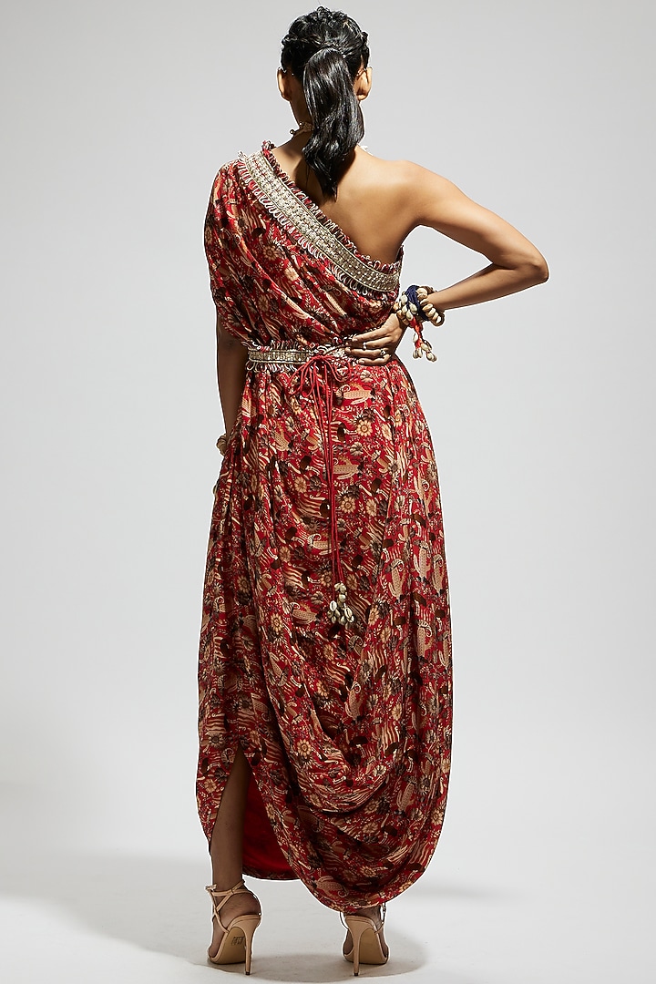 Orange Crepe Jaal Printed One Shoulder Cowl Draped Cocktail Dress With Belt by SVA BY SONAM & PARAS MODI at Pernia's Pop Up Shop