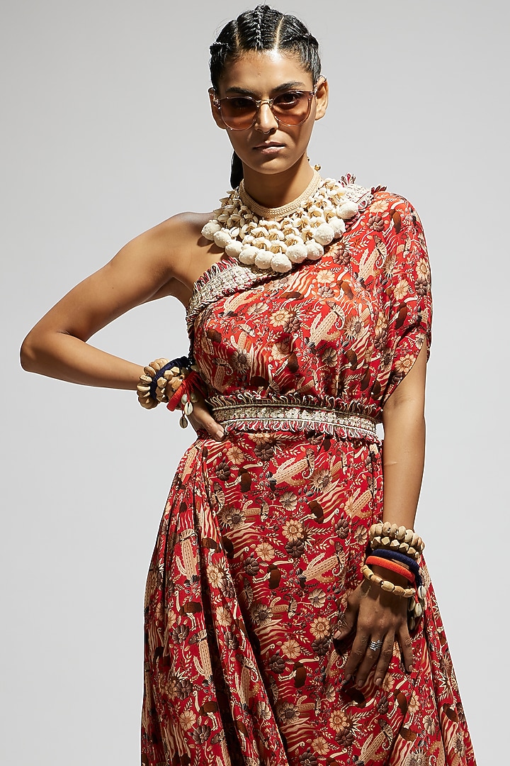 Orange Crepe Jaal Printed One Shoulder Cowl Draped Cocktail Dress With Belt by SVA BY SONAM & PARAS MODI at Pernia's Pop Up Shop