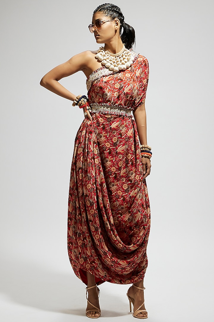 Orange Crepe Jaal Printed One Shoulder Cowl Draped Cocktail Dress With Belt by SVA BY SONAM & PARAS MODI at Pernia's Pop Up Shop