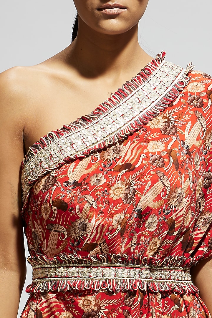 Orange Crepe Jaal Printed One Shoulder Cowl Draped Cocktail Dress With Belt by SVA BY SONAM & PARAS MODI at Pernia's Pop Up Shop