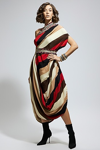 Orange Crepe Stripe Printed One Shoulder Cowl Draped Cocktail Dress With Belt by SVA BY SONAM & PARAS MODI at Pernia's Pop Up Shop