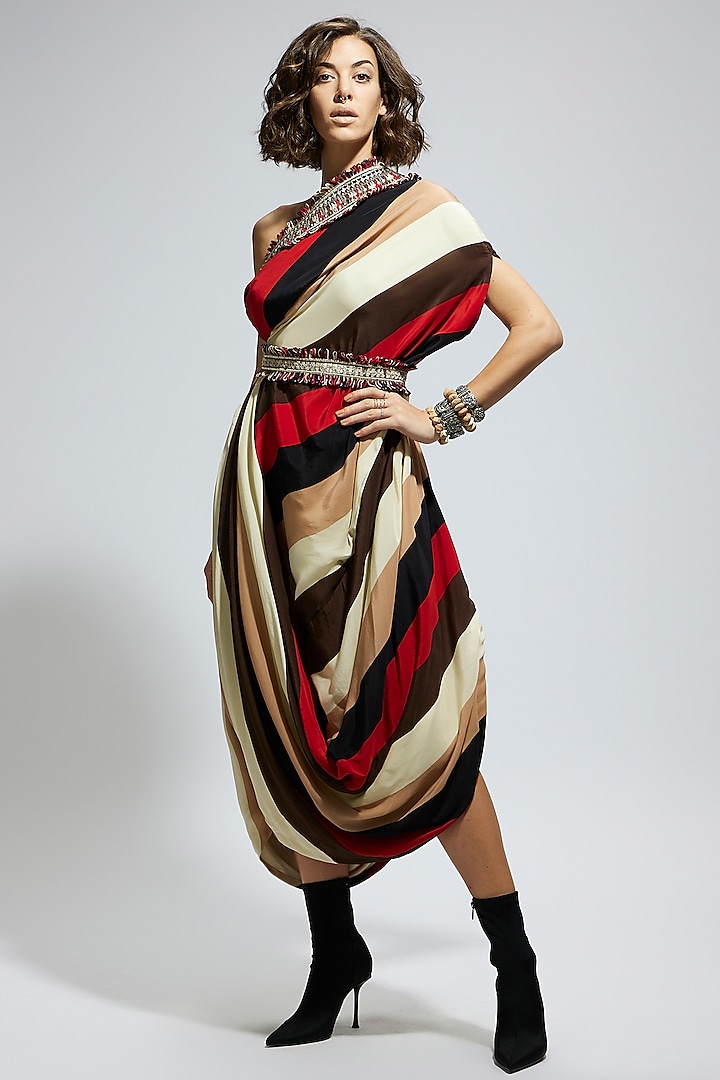 Orange Crepe Stripe Printed One Shoulder Cowl Draped Dress With Belt by Sva By Sonam & Paras Modi at Pernia's Pop Up Shop