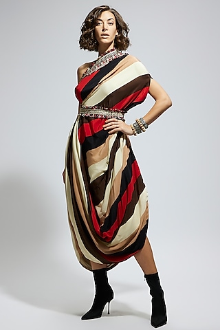Orange Crepe Stripe Printed One Shoulder Cowl Draped Dress With Belt by SVA BY SONAM & PARAS MODI