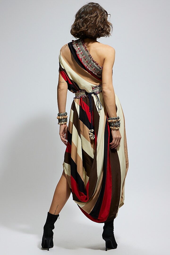 Orange Crepe Stripe Printed One Shoulder Cowl Draped Cocktail Dress With Belt by SVA BY SONAM & PARAS MODI at Pernia's Pop Up Shop